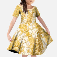 Gold Puakenikeni and Maile Lei Family Matching Summer Maxi Dress and Hawaiian Shirt Hawaiian Style Tribal Tapa Double Strand Lei LT9 Daughter's Dress Gold - Polynesian Pride