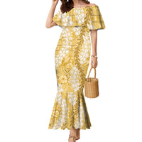 Gold Puakenikeni and Maile Lei Mermaid Dress Hawaiian Style Tribal Tapa Double Strand Lei LT9 Women Gold - Polynesian Pride