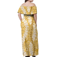 Gold Puakenikeni and Maile Lei Off Shoulder Maxi Dress Hawaiian Style Tribal Tapa Double Strand Lei