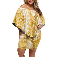 Gold Puakenikeni and Maile Lei Off Shoulder Short Dress Hawaiian Style Tribal Tapa Double Strand Lei LT9 Women Gold - Polynesian Pride