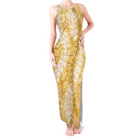Gold Puakenikeni and Maile Lei Tank Maxi Dress Hawaiian Style Tribal Tapa Double Strand Lei LT9 Women Gold - Polynesian Pride
