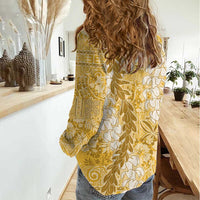 Gold Puakenikeni and Maile Lei Women Casual Shirt Hawaiian Style Tribal Tapa Double Strand Lei LT9 - Polynesian Pride