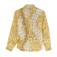 Gold Puakenikeni and Maile Lei Women Casual Shirt Hawaiian Style Tribal Tapa Double Strand Lei LT9 - Polynesian Pride