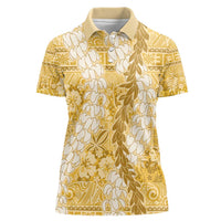 Gold Puakenikeni and Maile Lei Women Polo Shirt Hawaiian Style Tribal Tapa Double Strand Lei LT9 Female Gold - Polynesian Pride