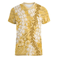 Gold Puakenikeni and Maile Lei Women V-Neck T-Shirt Hawaiian Style Tribal Tapa Double Strand Lei