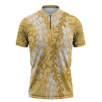 Gold Puakenikeni and Maile Lei Zipper Polo Shirt Hawaiian Style Tribal Tapa Double Strand Lei LT9 Gold - Polynesian Pride