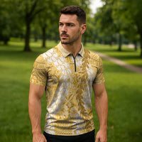 Gold Puakenikeni and Maile Lei Zipper Polo Shirt Hawaiian Style Tribal Tapa Double Strand Lei LT9 - Polynesian Pride