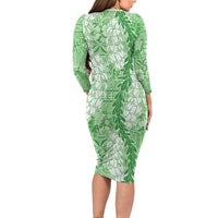 Green Puakenikeni and Maile Lei Family Matching Long Sleeve Bodycon Dress and Hawaiian Shirt Hawaiian Style Tribal Tapa Double Strand Lei LT9 - Polynesian Pride