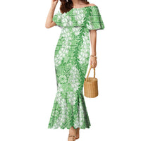 Green Puakenikeni and Maile Lei Family Matching Mermaid Dress and Hawaiian Shirt Hawaiian Style Tribal Tapa Double Strand Lei LT9 Mom's Dress Green - Polynesian Pride