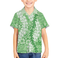 Green Puakenikeni and Maile Lei Family Matching Off Shoulder Short Dress and Hawaiian Shirt Hawaiian Style Tribal Tapa Double Strand Lei LT9 Son's Shirt Green - Polynesian Pride