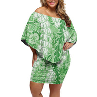 Green Puakenikeni and Maile Lei Off Shoulder Short Dress Hawaiian Style Tribal Tapa Double Strand Lei LT9 Women Green - Polynesian Pride