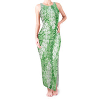 Green Puakenikeni and Maile Lei Tank Maxi Dress Hawaiian Style Tribal Tapa Double Strand Lei LT9 Women Green - Polynesian Pride