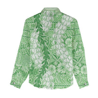 Green Puakenikeni and Maile Lei Women Casual Shirt Hawaiian Style Tribal Tapa Double Strand Lei LT9 - Polynesian Pride