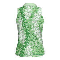 Green Puakenikeni and Maile Lei Women Sleeveless Polo Shirt Hawaiian Style Tribal Tapa Double Strand Lei LT9 - Polynesian Pride