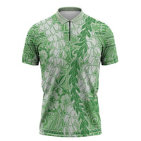 Green Puakenikeni and Maile Lei Zipper Polo Shirt Hawaiian Style Tribal Tapa Double Strand Lei LT9 Green - Polynesian Pride