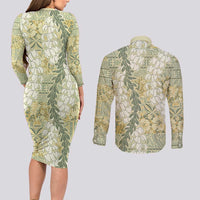 Vintage Puakenikeni and Maile Lei Couples Matching Long Sleeve Bodycon Dress and Long Sleeve Button Shirt Hawaiian Style Tribal Tapa Double Strand Lei LT9 - Polynesian Pride