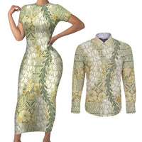 Vintage Puakenikeni and Maile Lei Couples Matching Short Sleeve Bodycon Dress and Long Sleeve Button Shirt Hawaiian Style Tribal Tapa Double Strand Lei LT9 Vintage - Polynesian Pride