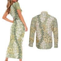 Vintage Puakenikeni and Maile Lei Couples Matching Short Sleeve Bodycon Dress and Long Sleeve Button Shirt Hawaiian Style Tribal Tapa Double Strand Lei LT9 - Polynesian Pride