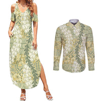 Vintage Puakenikeni and Maile Lei Couples Matching Summer Maxi Dress and Long Sleeve Button Shirt Hawaiian Style Tribal Tapa Double Strand Lei LT9 Vintage - Polynesian Pride