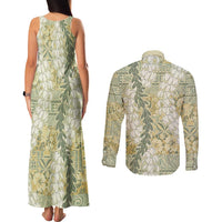 Vintage Puakenikeni and Maile Lei Couples Matching Tank Maxi Dress and Long Sleeve Button Shirt Hawaiian Style Tribal Tapa Double Strand Lei LT9 - Polynesian Pride