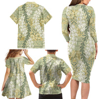 Vintage Puakenikeni and Maile Lei Family Matching Long Sleeve Bodycon Dress and Hawaiian Shirt Hawaiian Style Tribal Tapa Double Strand Lei LT9 - Polynesian Pride