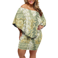 Vintage Puakenikeni and Maile Lei Family Matching Off Shoulder Short Dress and Hawaiian Shirt Hawaiian Style Tribal Tapa Double Strand Lei LT9 Mom's Dress Vintage - Polynesian Pride
