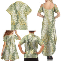 Vintage Puakenikeni and Maile Lei Family Matching Summer Maxi Dress and Hawaiian Shirt Hawaiian Style Tribal Tapa Double Strand Lei LT9 - Polynesian Pride