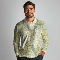 Vintage Puakenikeni and Maile Lei Long Sleeve Polo Shirt Hawaiian Style Tribal Tapa Double Strand Lei LT9 - Polynesian Pride