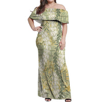 Vintage Puakenikeni and Maile Lei Off Shoulder Maxi Dress Hawaiian Style Tribal Tapa Double Strand Lei LT9 Women Vintage - Polynesian Pride