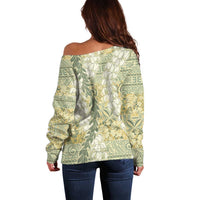 Vintage Puakenikeni and Maile Lei Off Shoulder Sweater Hawaiian Style Tribal Tapa Double Strand Lei