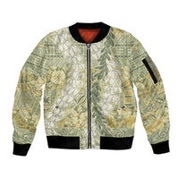 Vintage Puakenikeni and Maile Lei Sleeve Zip Bomber Jacket Hawaiian Style Tribal Tapa Double Strand Lei