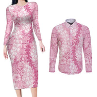 Pink Puakenikeni and Maile Lei Couples Matching Long Sleeve Bodycon Dress and Long Sleeve Button Shirt Hawaiian Style Tribal Tapa Double Strand Lei LT9 Pink - Polynesian Pride