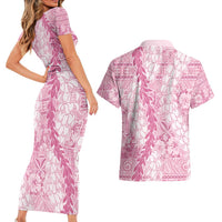 Pink Puakenikeni and Maile Lei Couples Matching Short Sleeve Bodycon Dress and Hawaiian Shirt Hawaiian Style Tribal Tapa Double Strand Lei LT9 - Polynesian Pride