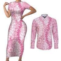 Pink Puakenikeni and Maile Lei Couples Matching Short Sleeve Bodycon Dress and Long Sleeve Button Shirt Hawaiian Style Tribal Tapa Double Strand Lei LT9 Pink - Polynesian Pride