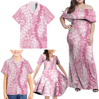 Pink Puakenikeni and Maile Lei Family Matching Off Shoulder Maxi Dress and Hawaiian Shirt Hawaiian Style Tribal Tapa Double Strand Lei LT9 - Polynesian Pride