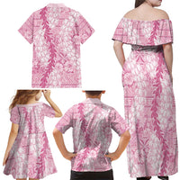 Pink Puakenikeni and Maile Lei Family Matching Off Shoulder Maxi Dress and Hawaiian Shirt Hawaiian Style Tribal Tapa Double Strand Lei LT9 - Polynesian Pride