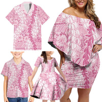 Pink Puakenikeni and Maile Lei Family Matching Off Shoulder Short Dress and Hawaiian Shirt Hawaiian Style Tribal Tapa Double Strand Lei LT9 - Polynesian Pride