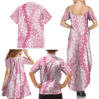 Pink Puakenikeni and Maile Lei Family Matching Summer Maxi Dress and Hawaiian Shirt Hawaiian Style Tribal Tapa Double Strand Lei LT9 - Polynesian Pride