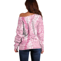 Pink Puakenikeni and Maile Lei Off Shoulder Sweater Hawaiian Style Tribal Tapa Double Strand Lei