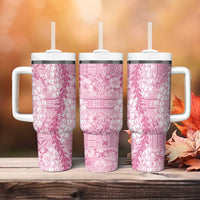 Pink Puakenikeni and Maile Lei Tumbler With Handle Hawaiian Style Tribal Tapa Double Strand Lei