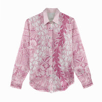 Pink Puakenikeni and Maile Lei Women Casual Shirt Hawaiian Style Tribal Tapa Double Strand Lei LT9 - Polynesian Pride