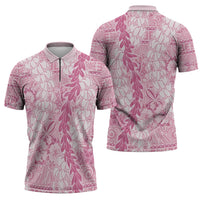 Pink Puakenikeni and Maile Lei Zipper Polo Shirt Hawaiian Style Tribal Tapa Double Strand Lei LT9 - Polynesian Pride