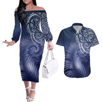 New Zealand Galaxy Fern Couples Matching Off The Shoulder Long Sleeve Dress and Hawaiian Shirt LT9 Galaxy - Polynesian Pride