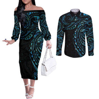 New Zealand Tribal Tattoo Couples Matching Off The Shoulder Long Sleeve Dress and Long Sleeve Button Shirt With Matariki Art LT9 Galaxy - Polynesian Pride
