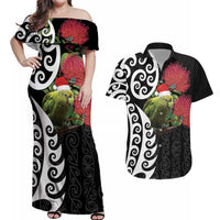 New Zealand Kakapo Christmas Couples Matching Off Shoulder Maxi Dress and Hawaiian Shirt Meri Kirihimete Pohutukawa Flowers LT9 Black - Polynesian Pride