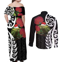 New Zealand Kakapo Christmas Couples Matching Off Shoulder Maxi Dress and Long Sleeve Button Shirt Meri Kirihimete Pohutukawa Flowers LT9 - Polynesian Pride