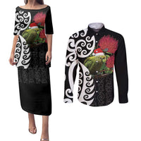 New Zealand Kakapo Christmas Couples Matching Puletasi and Long Sleeve Button Shirt Meri Kirihimete Pohutukawa Flowers LT9 Black - Polynesian Pride