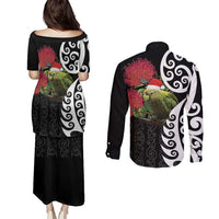 New Zealand Kakapo Christmas Couples Matching Puletasi and Long Sleeve Button Shirt Meri Kirihimete Pohutukawa Flowers LT9 - Polynesian Pride