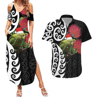New Zealand Kakapo Christmas Couples Matching Summer Maxi Dress and Hawaiian Shirt Meri Kirihimete Pohutukawa Flowers LT9 Black - Polynesian Pride