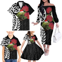 New Zealand Kakapo Christmas Family Matching Off The Shoulder Long Sleeve Dress and Hawaiian Shirt Meri Kirihimete Pohutukawa Flowers LT9 - Polynesian Pride